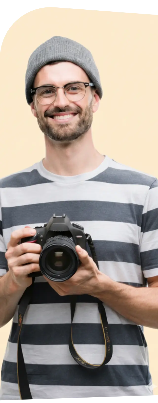 A smiling content creator holding a camera, ready to spark higher engagement and co-create ideas with a loyal community.