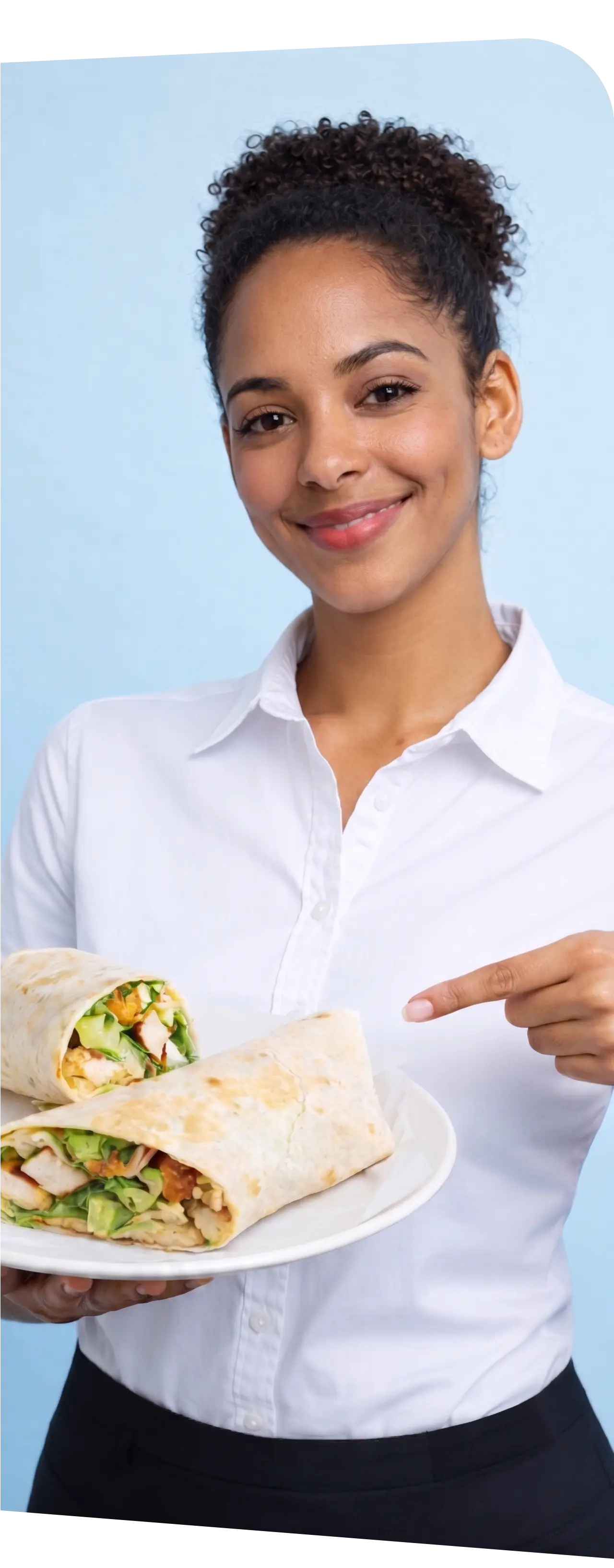 A smiling customer expert presenting an avocado sandwich wrap for food sampling to gather real-time dining feedback.