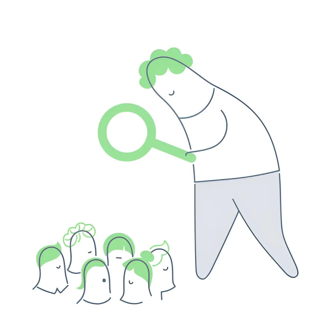 Illustration of a business expert looking through a magnifying glass at a group of people, representing user feedback collection and team collaboration