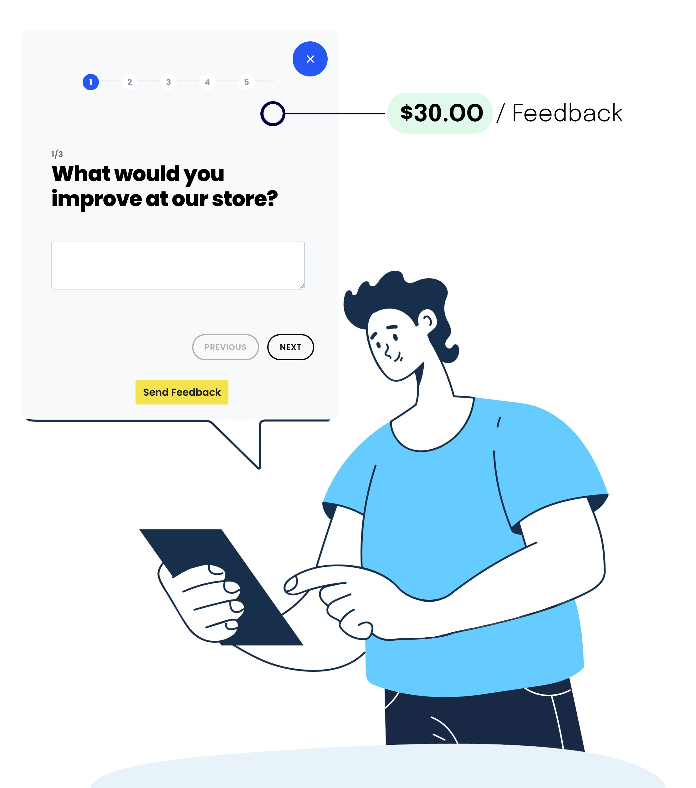 A flat-line illustration of a man using a smartphone to answer a store feedback survey for a $30 reward, representing the Ideacoil marketplace where users earn cash for sharing everyday experiences and expert insights.