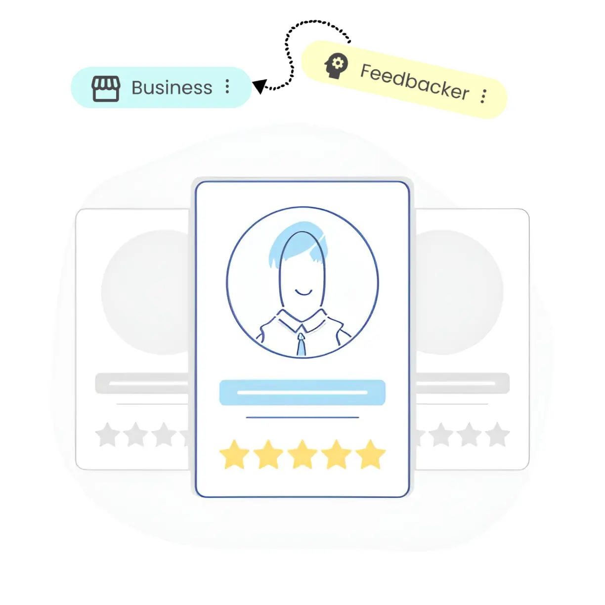 Illustration of a user profile creation interface with options to select between a Business account and a Feedbacker account for matching skills