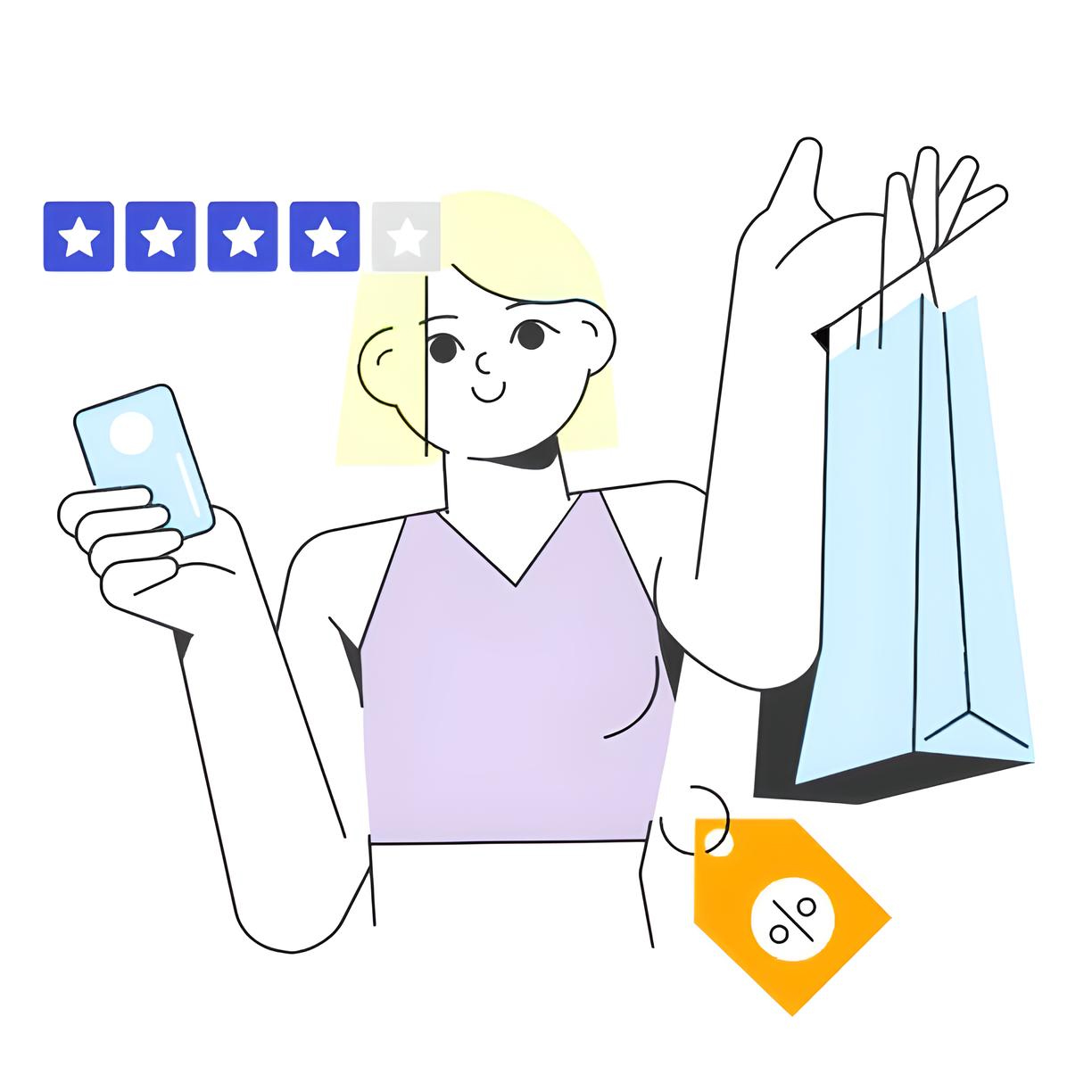 Flat line illustration of a retail customer holding a shopping bag, credit card, and a discount tag under a 5-star rating bar, representing incentive-based feedback strategies