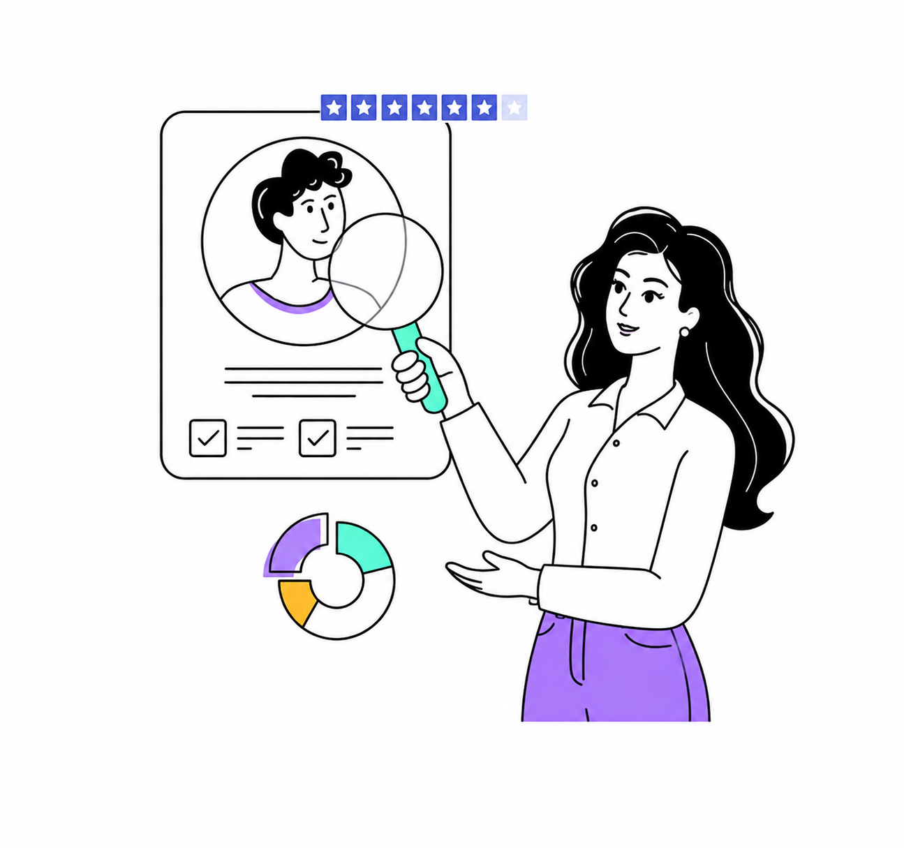 Flat line illustration of a woman using a magnifying glass to review user profiles and data charts, representing Ideacoil's insight tools for agencies and nonprofits