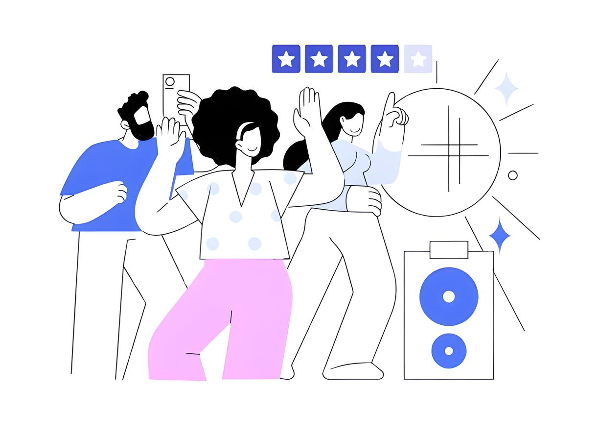 Flat line illustration of happy customers at a retail event giving a five-star rating and sharing feedback