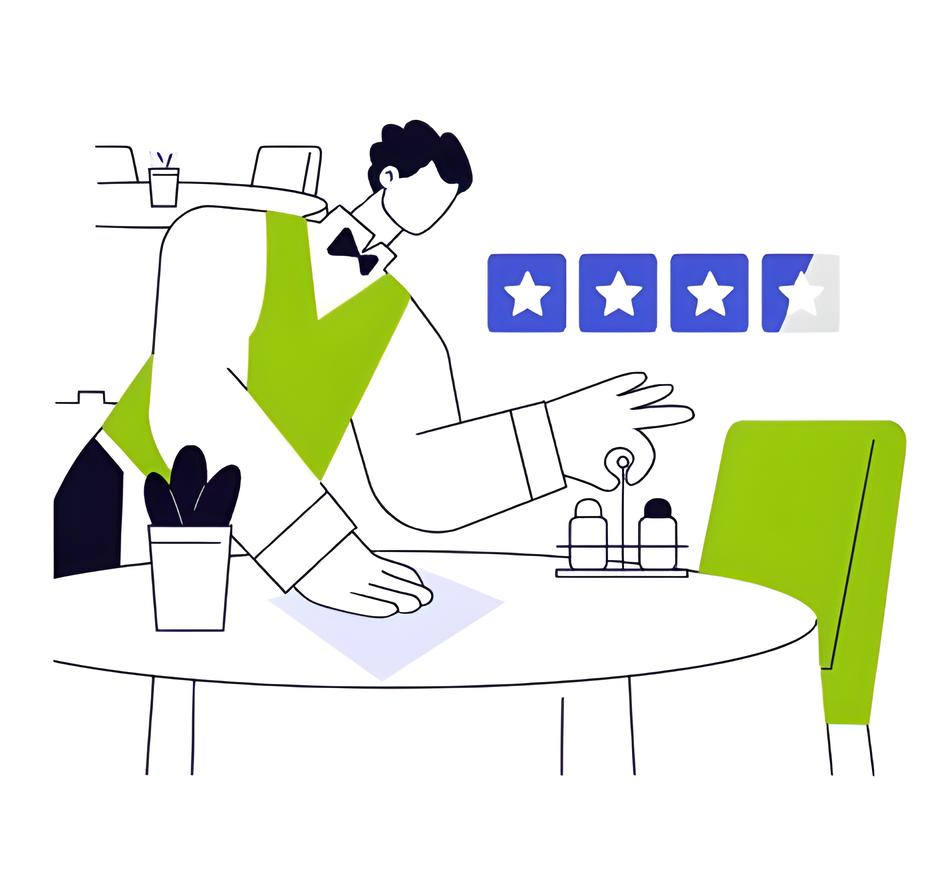 Flat line illustration of a restaurant waiter setting a dining table under a four-star rating bar, symbolizing data-driven customer feedback loops that boost sales
